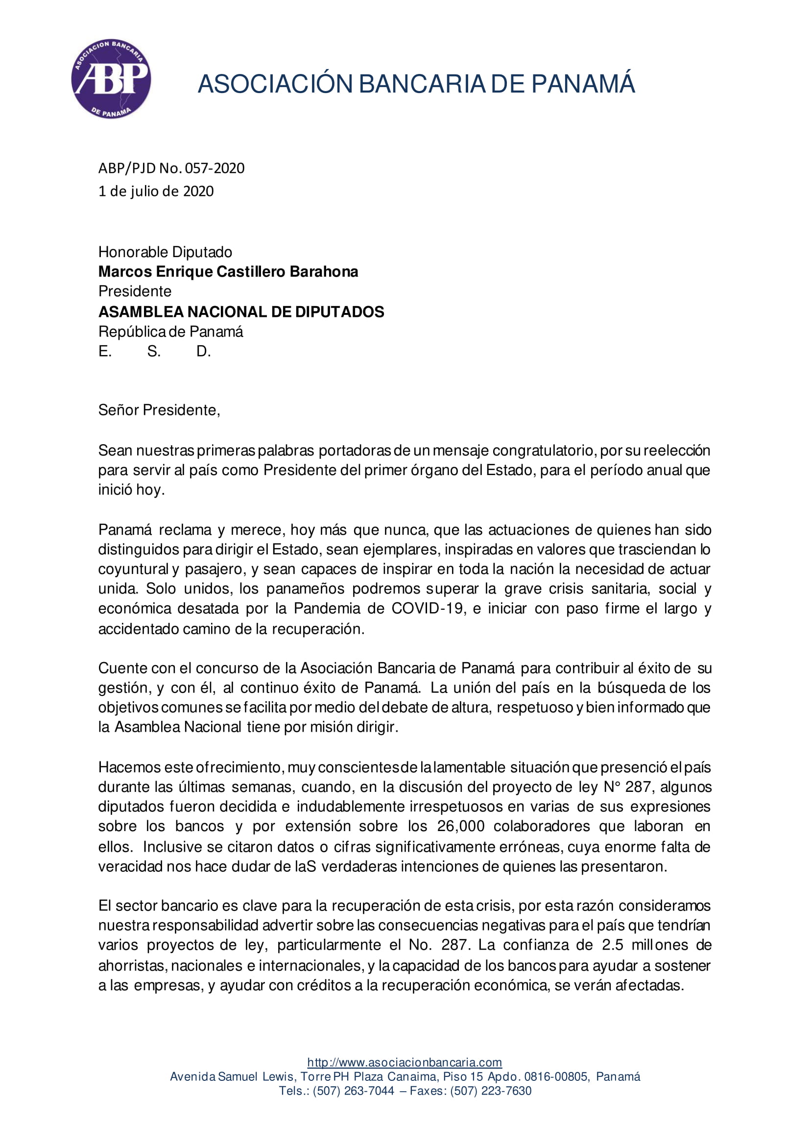 Carta enviada a la Asamblea Nacional con comentarios sobre la promulgación  Ley 156 de 2020 y posibles efectos - Asociación Bancaria de Panamá